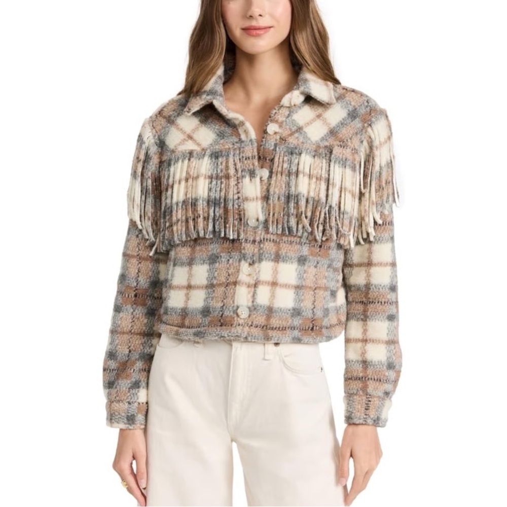 BLANKNYC Take Note Brown Cream Plaid Button Up Cropped Fringe Shirt Jacket Small
